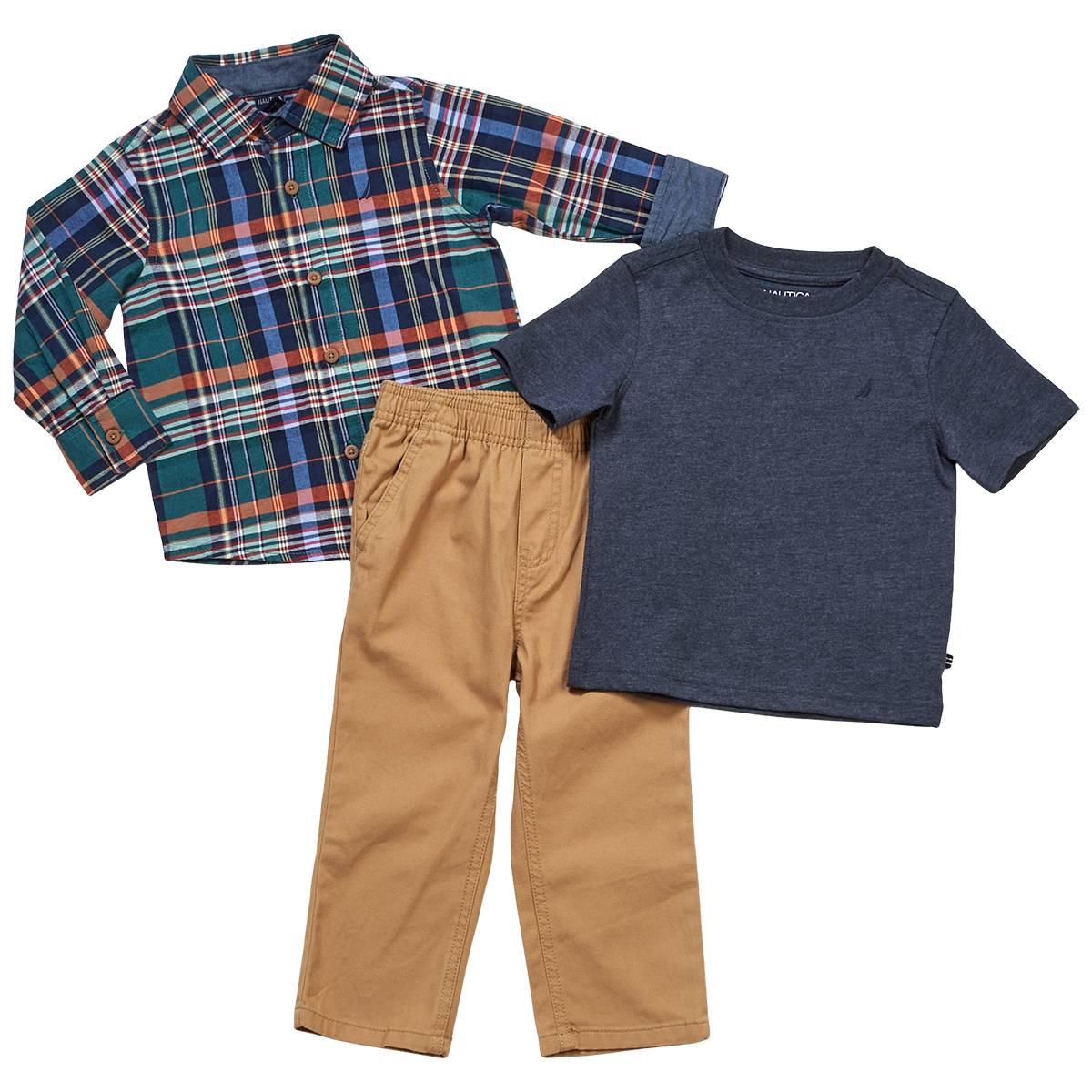 Toddler Boy Nautica 3pc. Plaid Button Front Tee & Pants Set