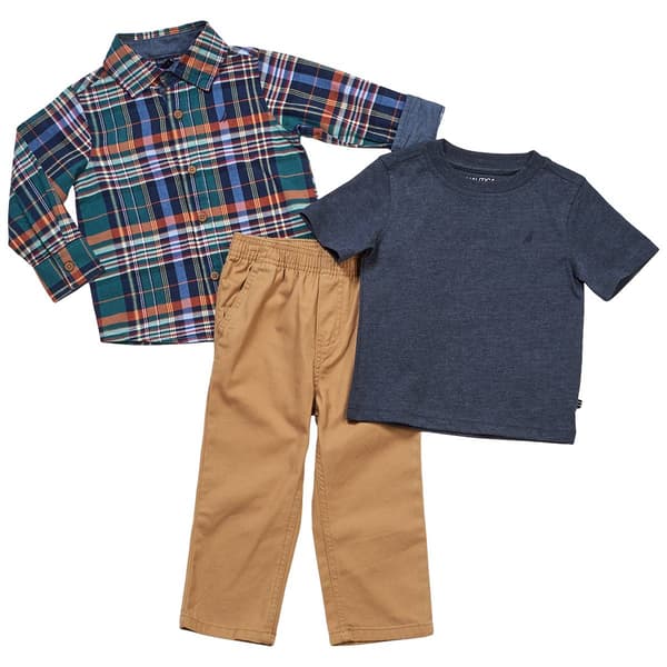 Toddler Boy Nautica 3pc. Plaid Button Front Tee & Pants Set - image 