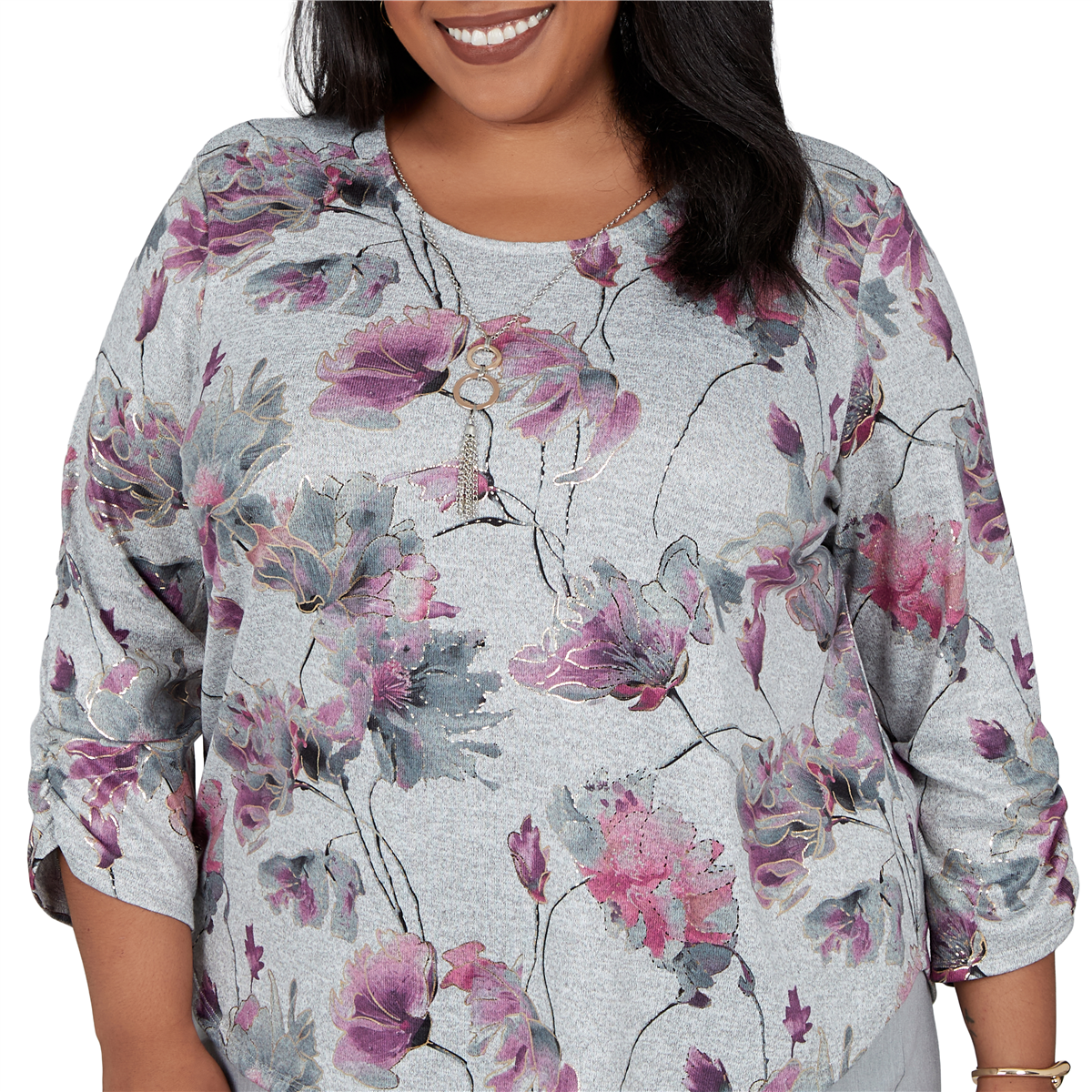 Plus Size Alfred Dunner Vail 3/4 Ruch Sleeves Floral Blouse