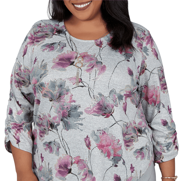 Plus Size Alfred Dunner Vail 3/4 Ruch Sleeves Floral Blouse