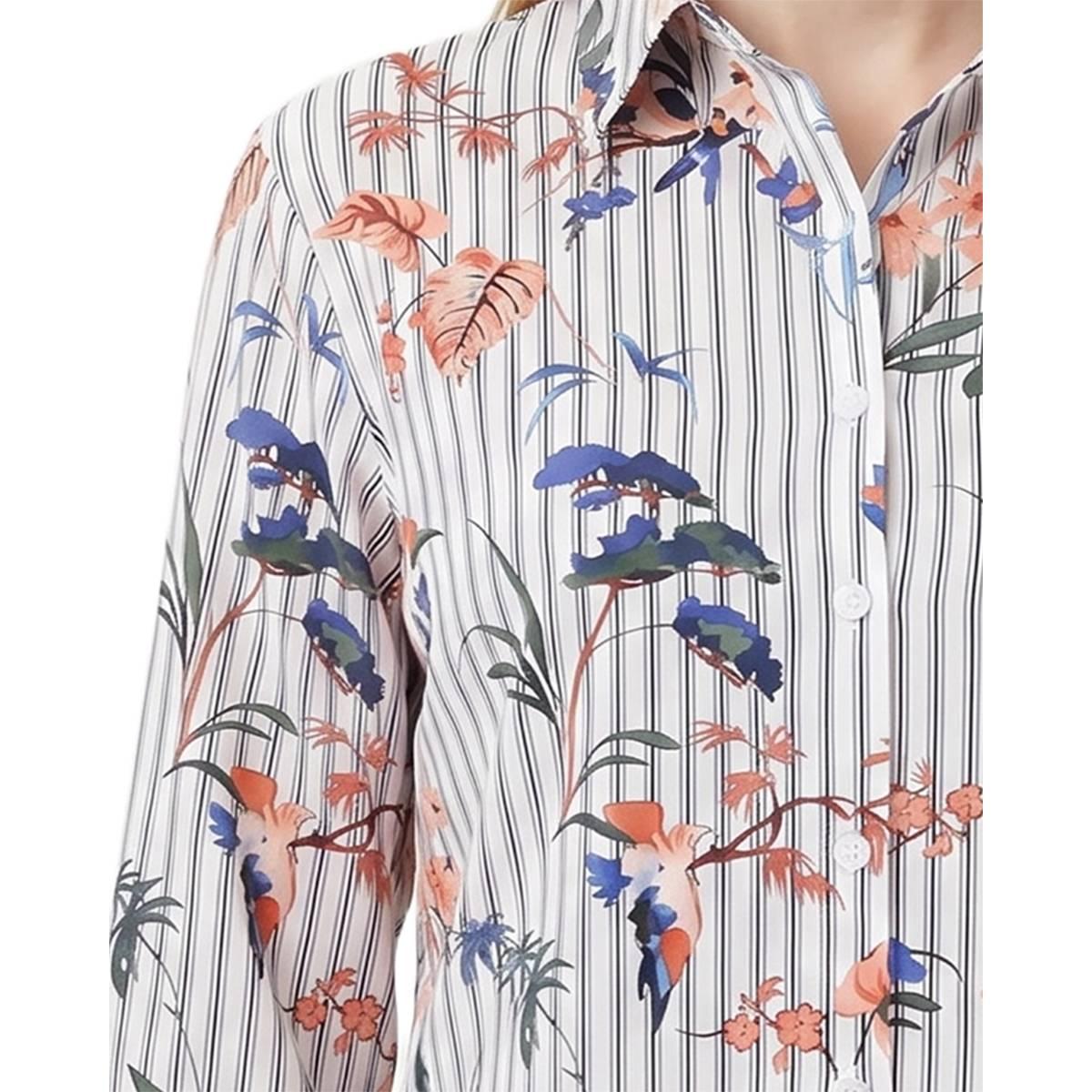 Womens NY Collection Long Sleeve Stripe Floral Button Down Blouse