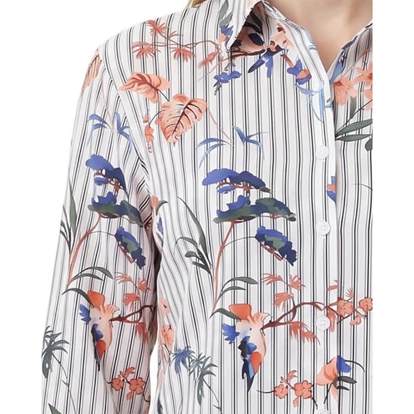 Womens NY Collection Long Sleeve Stripe Floral Button Down Blouse