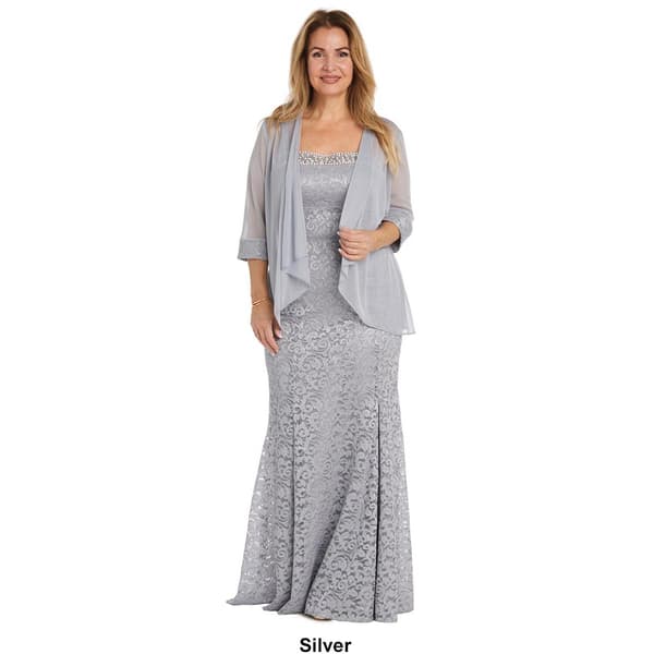 Womens R&M Richards Scroll Lace Jacket Gown with Pearl Neck Trim