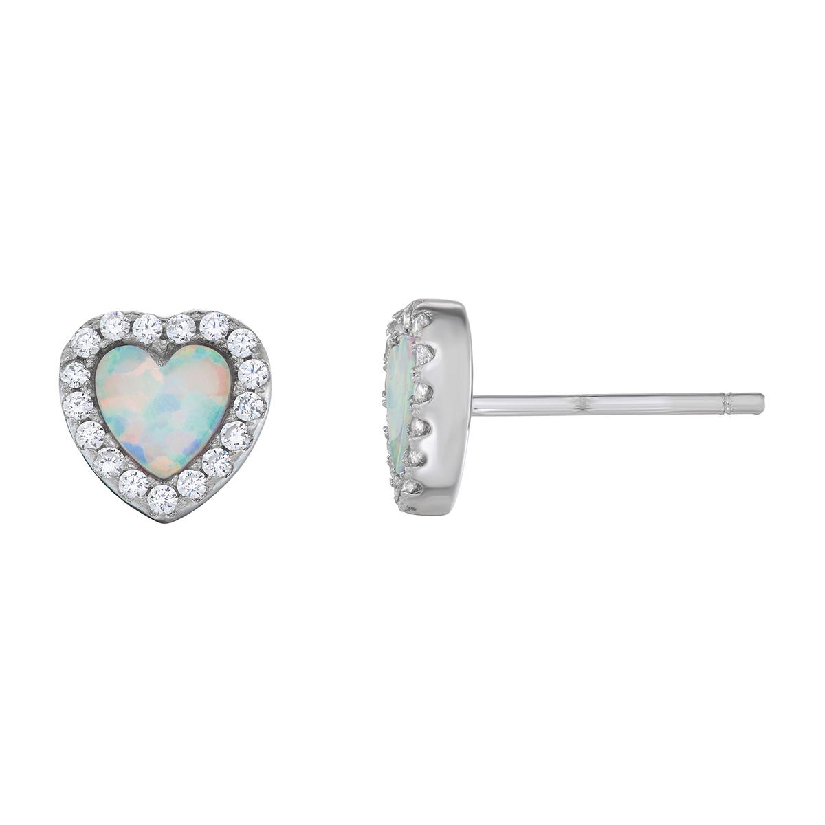 Kids Sterling Silver Heart Opal Center Stud Earrings