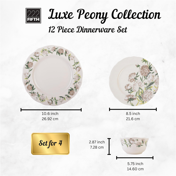 222 Fifth Luxe Peony Neutral Porcelain 12pc. Dinnerware Set