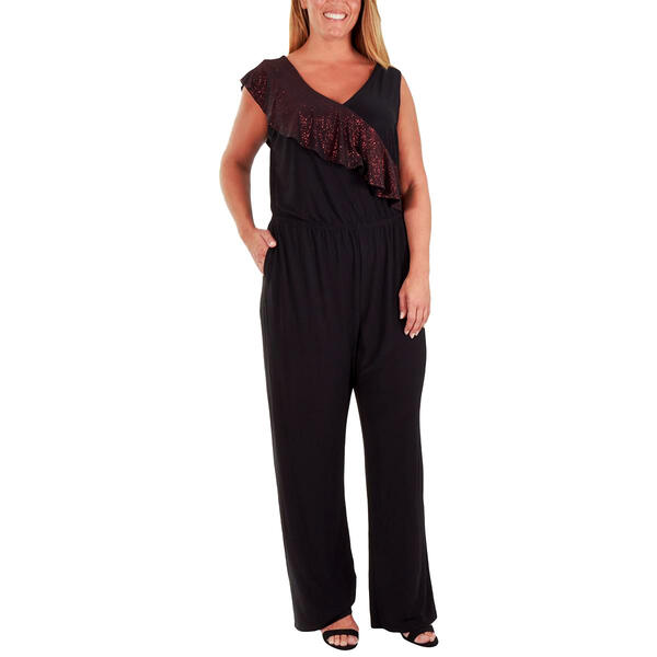 Plus Size NY Collection Sleeveless Glitter Ruffle Jumpsuit - image 