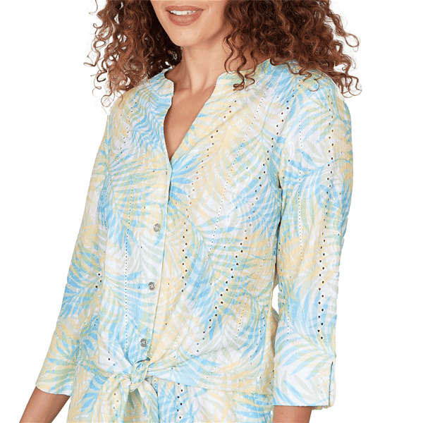 Petite Hearts of Palm Aqua Fresh 3/4 Sleeve Tropical Blouse
