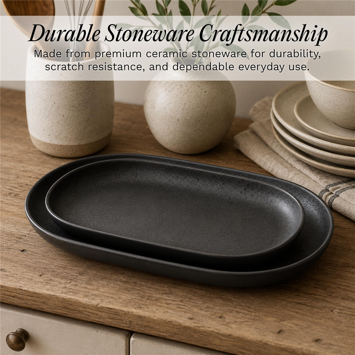 Sango Anderson Black Large Ceramic Serving Platters - Set of 2