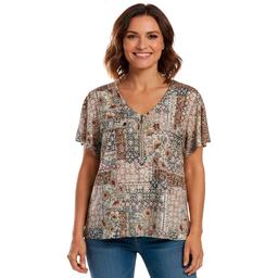 Petite Emily Daniels Short Sleeve Patchwork Zip Neck Blouse
