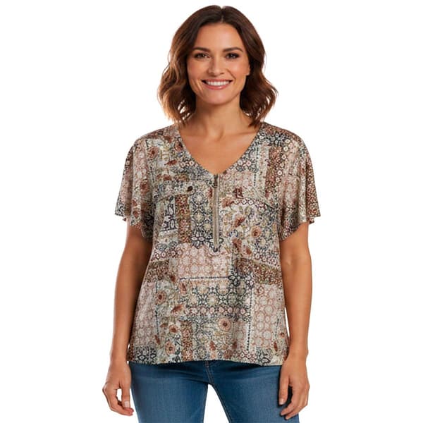Plus Size Emily Daniels Short Sleeve Patchwork Zip Neck Blouse