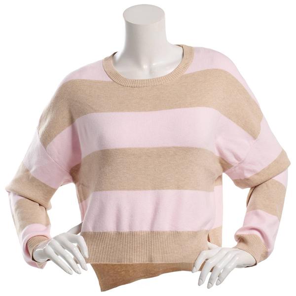 Juniors Pink Rose Stripe Crop Step Hem Pullover Sweater - image 