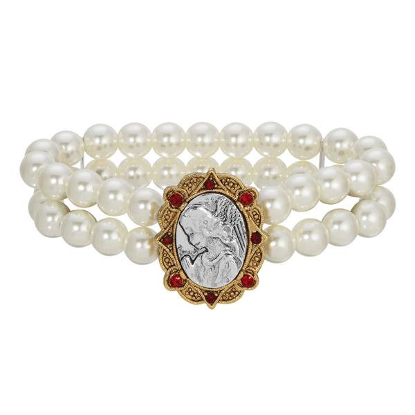 Symbols of Faith Faux Pearl Red Crystal Angel Motif Bracelet - image 
