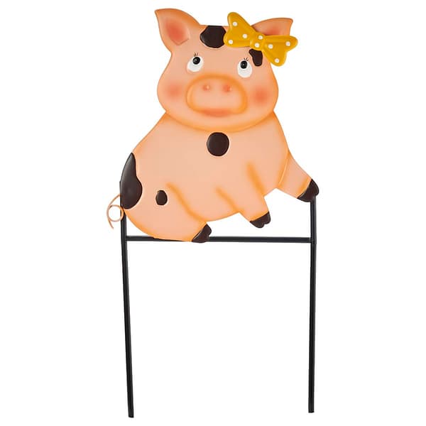 Pig w/ Yellow Bow Metal Yard Stake - image 