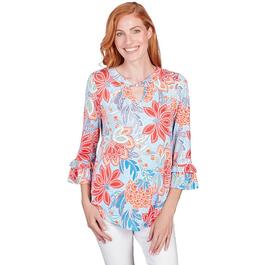 Womens Ruby Rd. Patio Party 3/4 Sleeve Knit Puff Floral Top