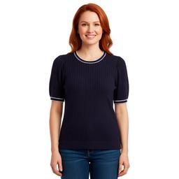 Womens Adrianna Papell Short Sleeve Scallop Edge Tipping Sweater