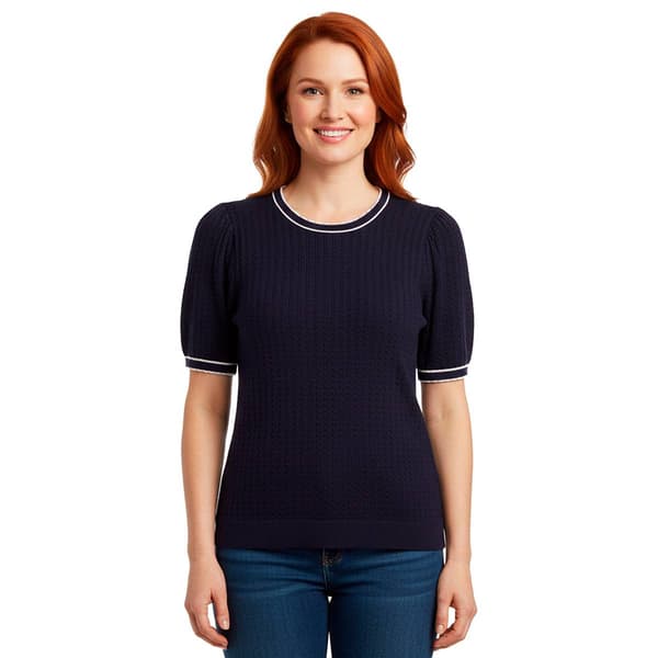Womens Adrianna Papell Short Sleeve Scallop Edge Tipping Sweater