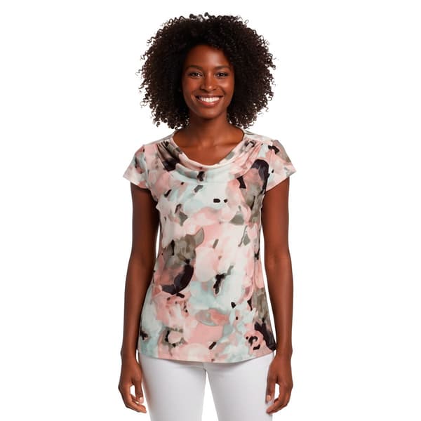 Womens Kasper Cap Sleeve Cowl Neck Abstract Floral Blouse - image 