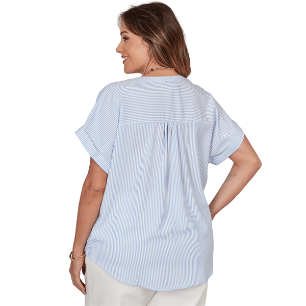 Plus Size Hearts of Palm Aqua Fresh Short Sleeve Stripe Blouse