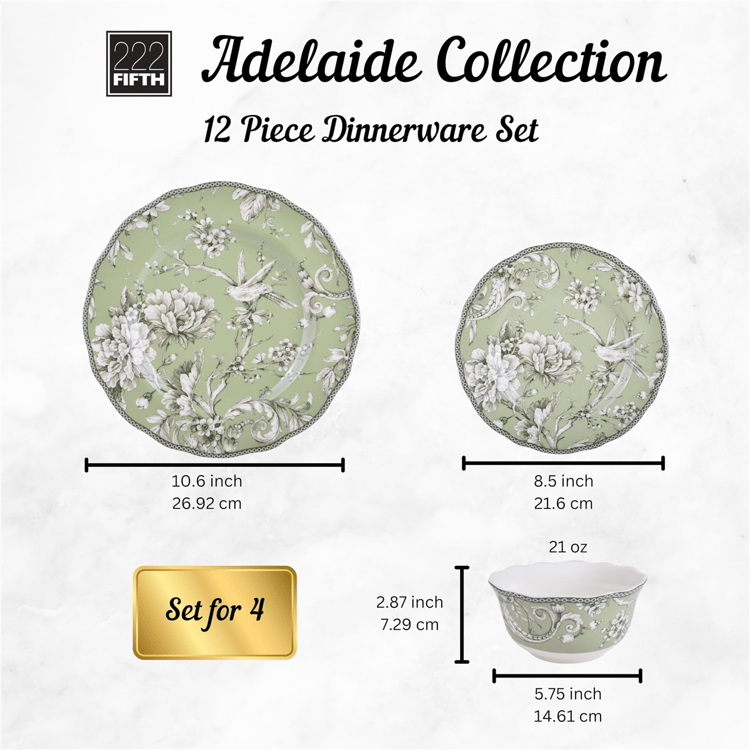 222 Fifth Adelaide Green Porcelain 12pc. Dinnerware Set
