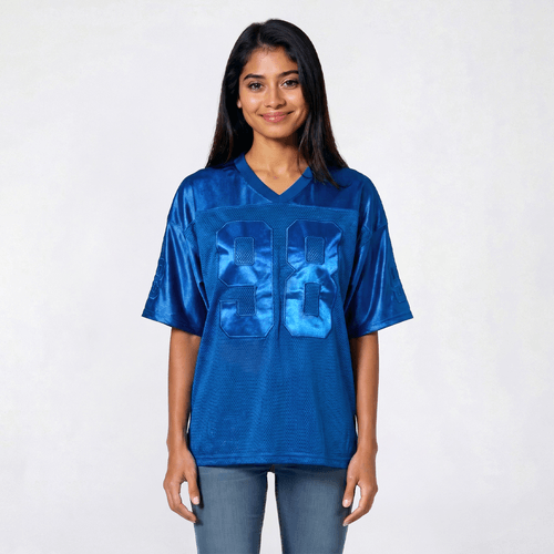 Juniors Jolie & Joy Oversized Mesh Satin Applique Football Jersey
