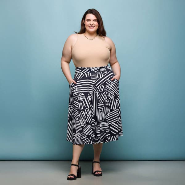 Plus Size 24/7 Comfort Apparel Black Geometric Pocket Midi Skirt