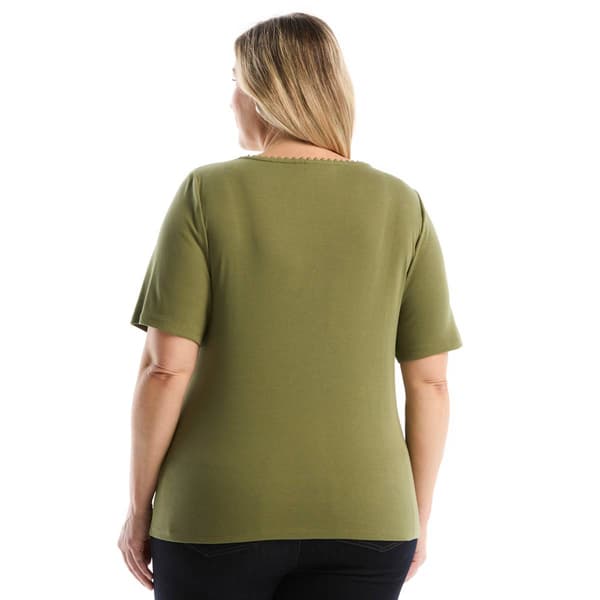 Plus Size Rafaella® Short Sleeve Solid Pom Trim Blouse
