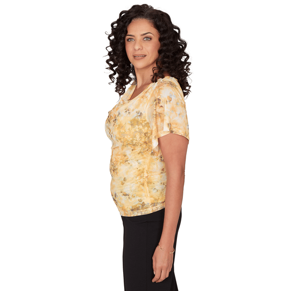 Petite Emaline Limoncello Sunrise Drape Neck Abstract Blouse