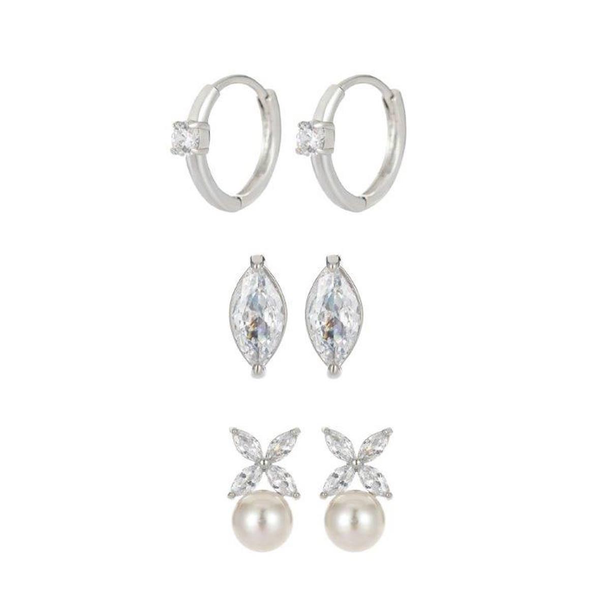 Roman 3pr. Silver-Tone CZ Earrings Set