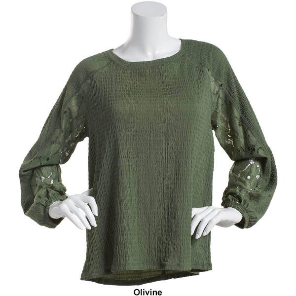 Womens Absolutely Famous Textured Top w/Lace Sleeve Under Panel