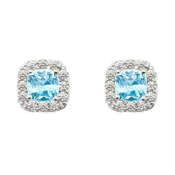 Sterling Silver Blue Topaz Cushion Halo Stud Earrings