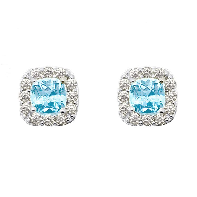Sterling Silver Blue Topaz Cushion Halo Stud Earrings