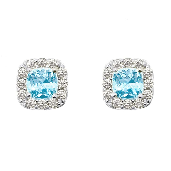 Sterling Silver Blue Topaz Cushion Halo Stud Earrings - image 