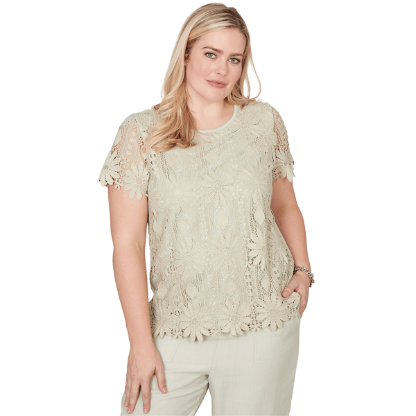 Womens Alfred Dunner Vintage Charm Floral Lace Short Sleeve Tee
