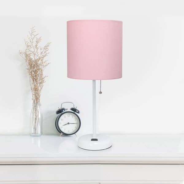 LimeLights White Stick Lamp w/Charging Outlet/Pink Shade-Set of 2