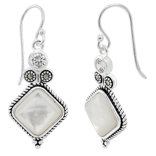 Marsala Fine Silver Plated Marcasite & Mother of Pearl Earrings - image 