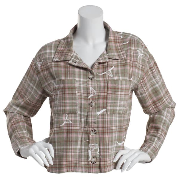 Juniors No Comment Allover Graphic Plaid Casual Button Down - image 