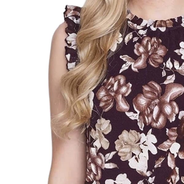 Petite NY Collection Ruffle Cap Sleeve Brown Floral Blouse