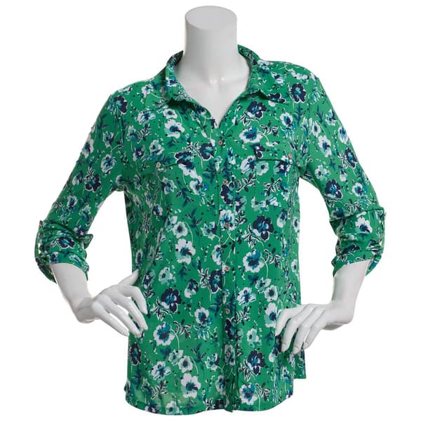 Plus Size Emily Daniels 3/4 Sleeve Floral Disco Two Pocket Blouse