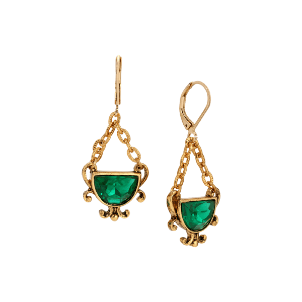 1928 Gold Half Moon Green Crystal Drop Earrings
