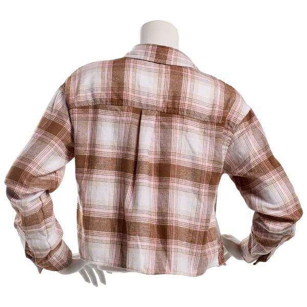 Juniors No Comment Crop Plaid Flannel Top- Pink