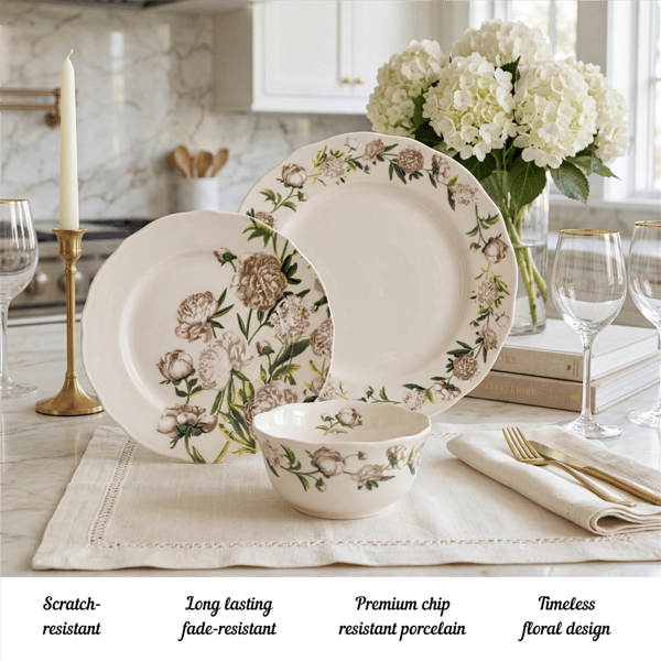 222 Fifth Luxe Peony Neutral Porcelain 12pc. Dinnerware Set