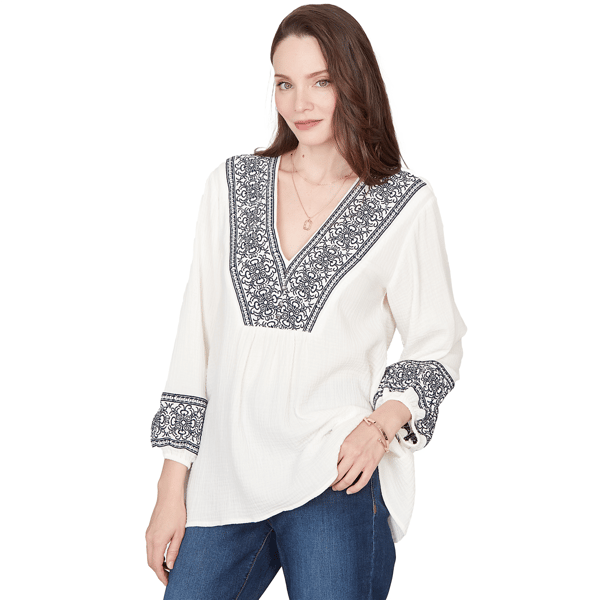 Womens Skye’s the Limit Fresh Start Scroll V-Neck Blouse