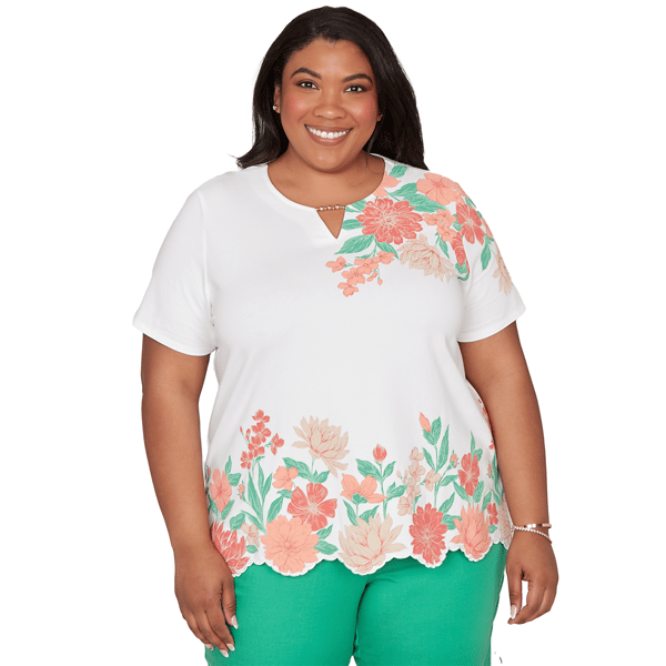 Plus Size Alfred Dunner Resort Living Floral Scallop Border Tee - image 