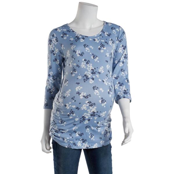 Womens Due Time Elbow Sleeve Floral Maternity Pullover Tee -Denim - image 