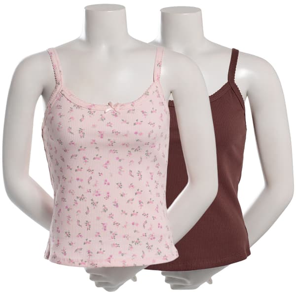 Juniors Pink Rose 2pk. Ribbed Lace Trim Camisoles - Pink - image 