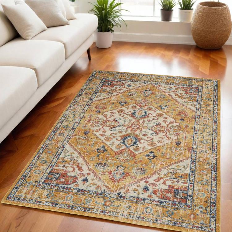 9th & Pike® Ivory and Yellow Medallion Rectangular Area Rug