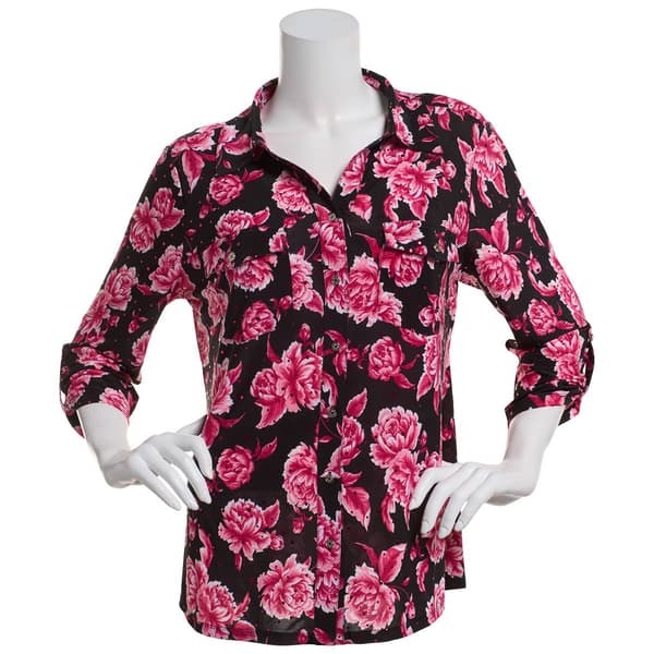 Womens Emily Daniels 3/4 Sleeve Floral Button Front Blouse - image 