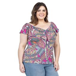 Plus Size 24/7 Comfort Apparel Paisley Ruffle V-Neck Blouse