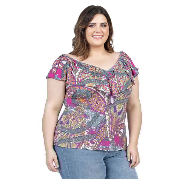 Plus Size 24/7 Comfort Apparel Paisley Ruffle V-Neck Blouse - image 