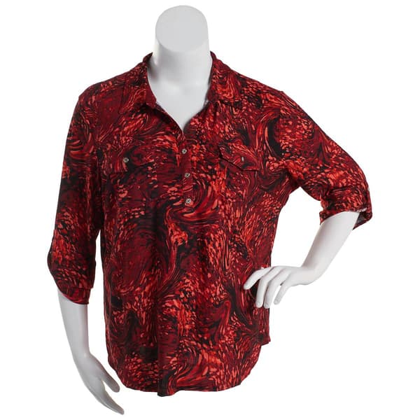 Plus Size Emily Daniels Swirl Jacquard 2 Pocket Henley Blouse - image 
